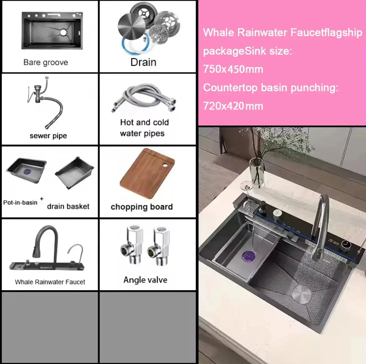 Smart Stainless Steel Kitchen Sink with Waterfall Faucet & Display Homeysolve