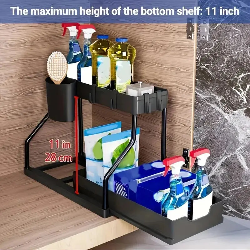 2-Tier Sliding Under Sink Organizer Multifunctional Space-Saving Bathroom Cabinet Storage Drawer Homeysolve