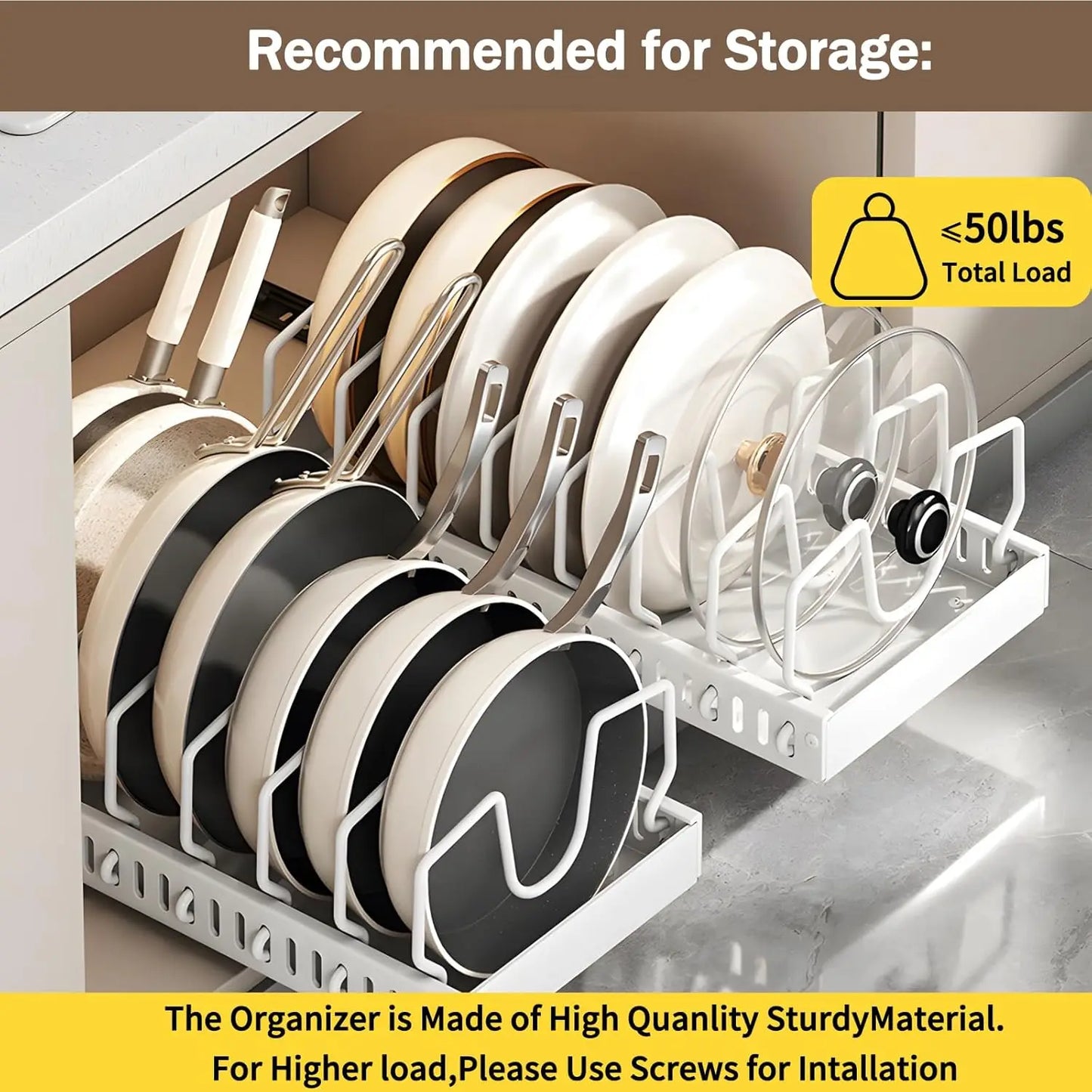 Pull-Out Cabinet Organizer for Pots and Pans – Under Cabinet Storage with Adjustable Dividers | Pot Lid Holder & Cookware Rack for Kitchen Organization