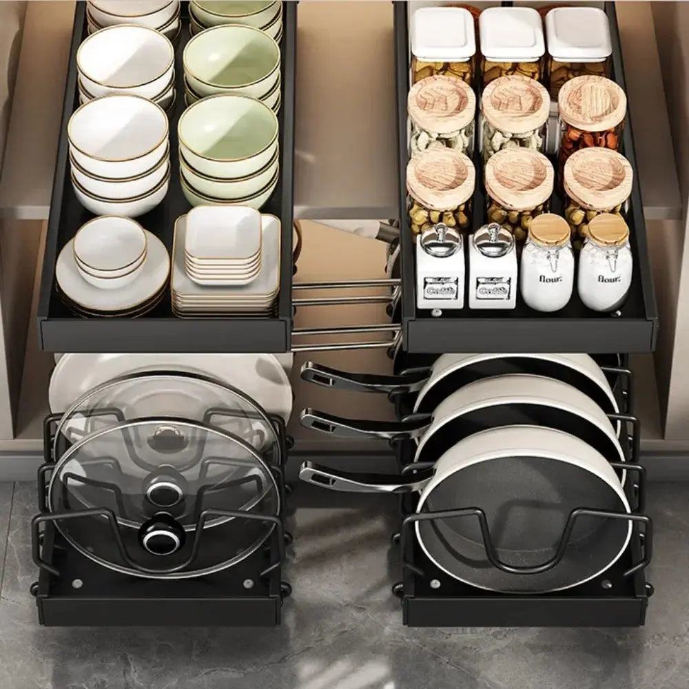 Kitchen Pull Out Pot Rack Adjustable Cupboard Trays with Slide Rails for Dishes Storage Organizer Drawer Partition Shelf Homeysolve