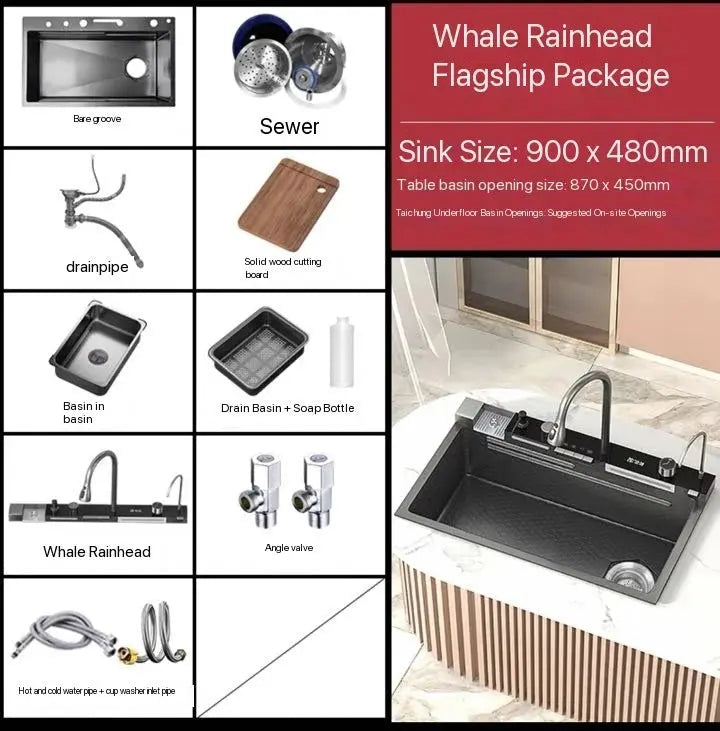 Smart Stainless Steel Kitchen Sink with Waterfall Faucet & Display Homeysolve