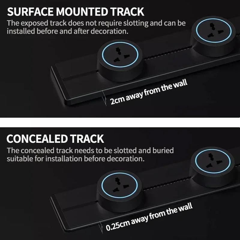 High‑Power Track Socket Wall Rail (40/50cm) – Movable Outlets, 8000W, EU/US/UK, USB‑C