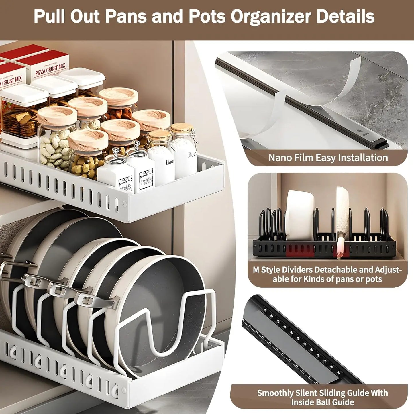 Pull-Out Cabinet Organizer for Pots and Pans – Under Cabinet Storage with Adjustable Dividers | Pot Lid Holder & Cookware Rack for Kitchen Organization