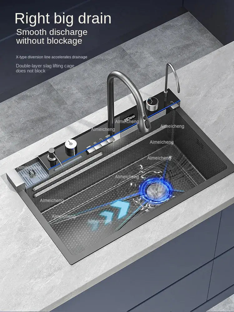 Smart Stainless Steel Kitchen Sink with Waterfall Faucet & Display Homeysolve