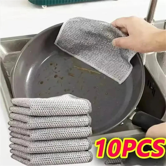10PC Magic Dishcloth with Silver Wire Built-in Sponge Thickened Microfiber Kitchen Cleaning Cloth Steel Scrub Ball Multi-Purpose Homeysolve