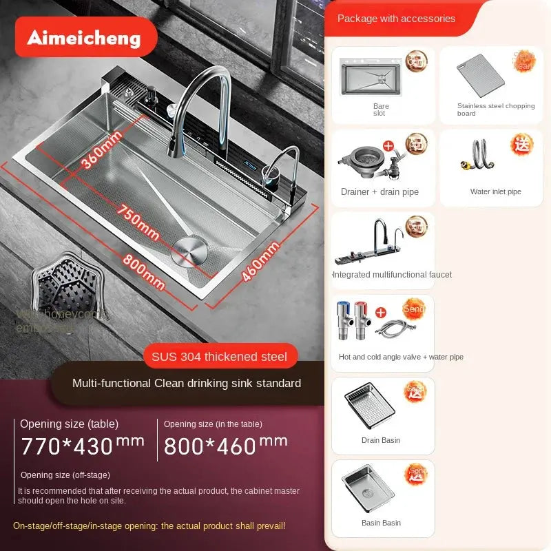 Smart Stainless Steel Kitchen Sink with Waterfall Faucet & Display Homeysolve