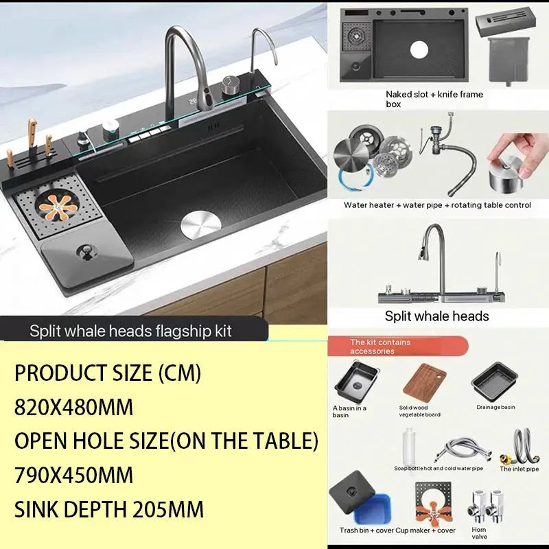 Smart Stainless Steel Kitchen Sink with Waterfall Faucet & Display Homeysolve