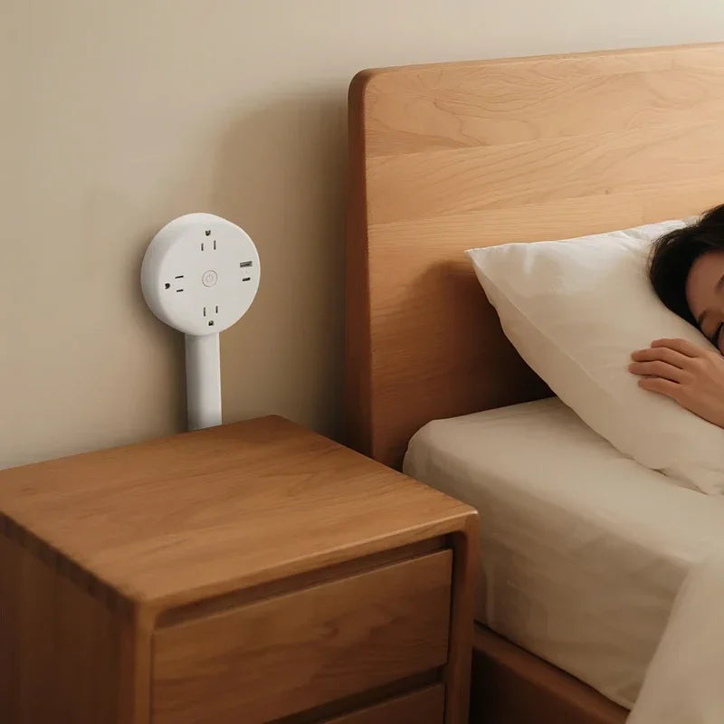 Space‑Saving Rotating Outlet Extender – Adjustable Length Power Socket (Bedside/Nightstand)