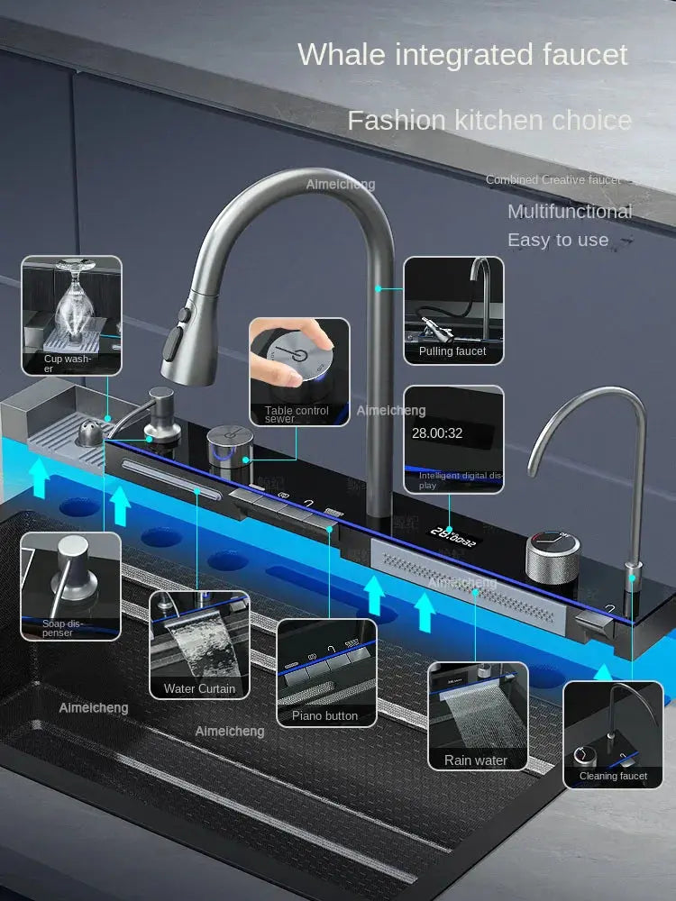 Smart Stainless Steel Kitchen Sink with Waterfall Faucet & Display Homeysolve