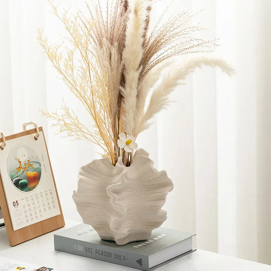 Ceramic Geometric Wavy Petal Vase, Porcelain Flower Arrangement Vase for Home Decor