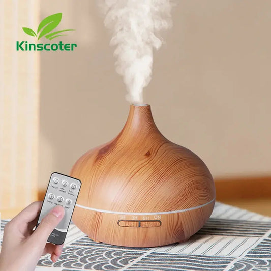 High Quality 500ml Aromatherapy Essential Oil Diffuser Wood Grain Remote Control Ultrasonic Air Humidifier with 7 Colors Light Homeysolve