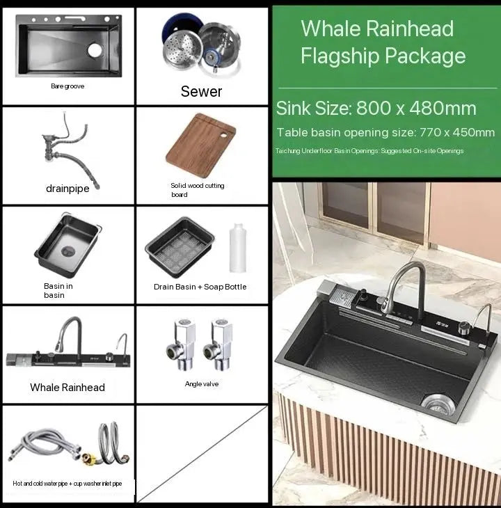Smart Stainless Steel Kitchen Sink with Waterfall Faucet & Display Homeysolve