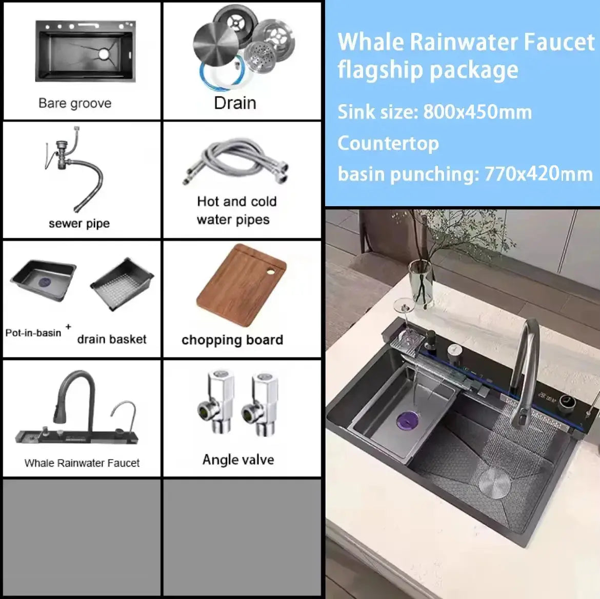 Smart Stainless Steel Kitchen Sink with Waterfall Faucet & Display Homeysolve