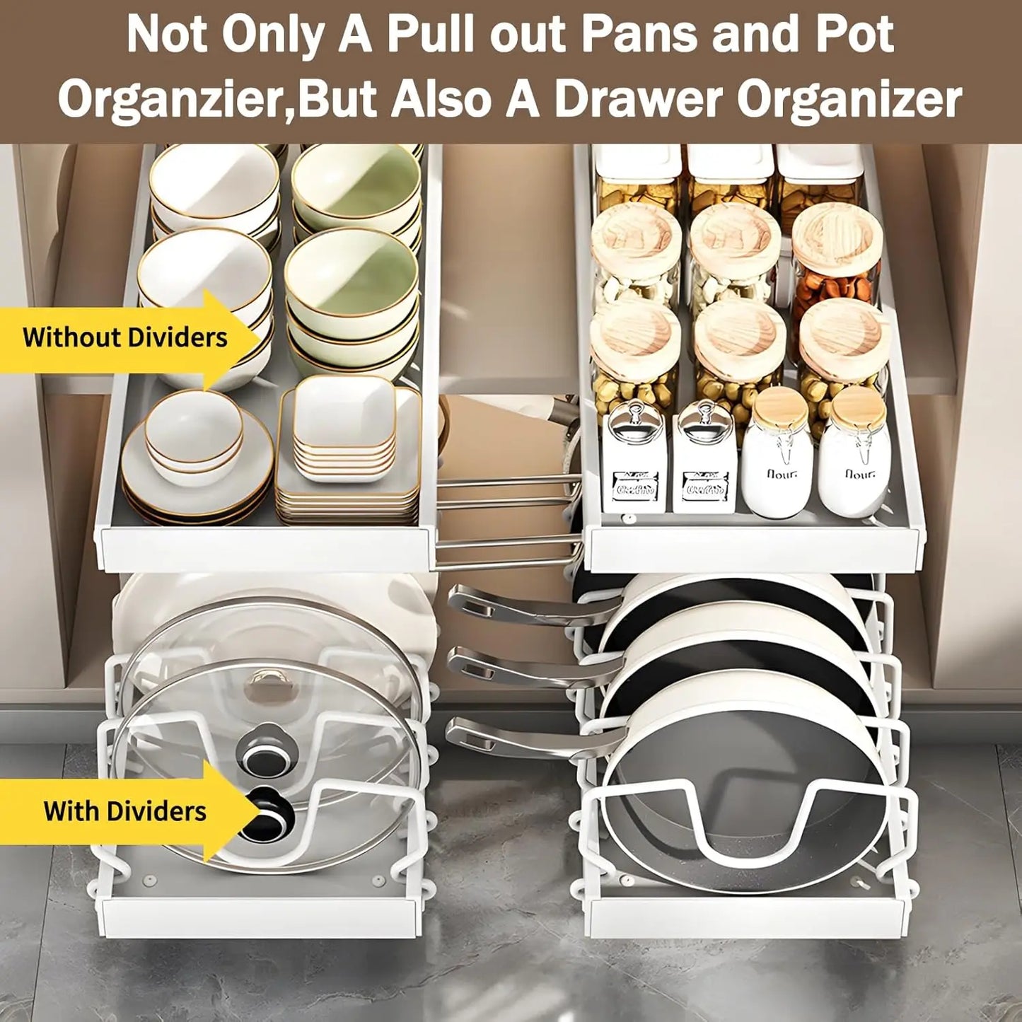 Pull-Out Cabinet Organizer for Pots and Pans – Under Cabinet Storage with Adjustable Dividers | Pot Lid Holder & Cookware Rack for Kitchen Organization