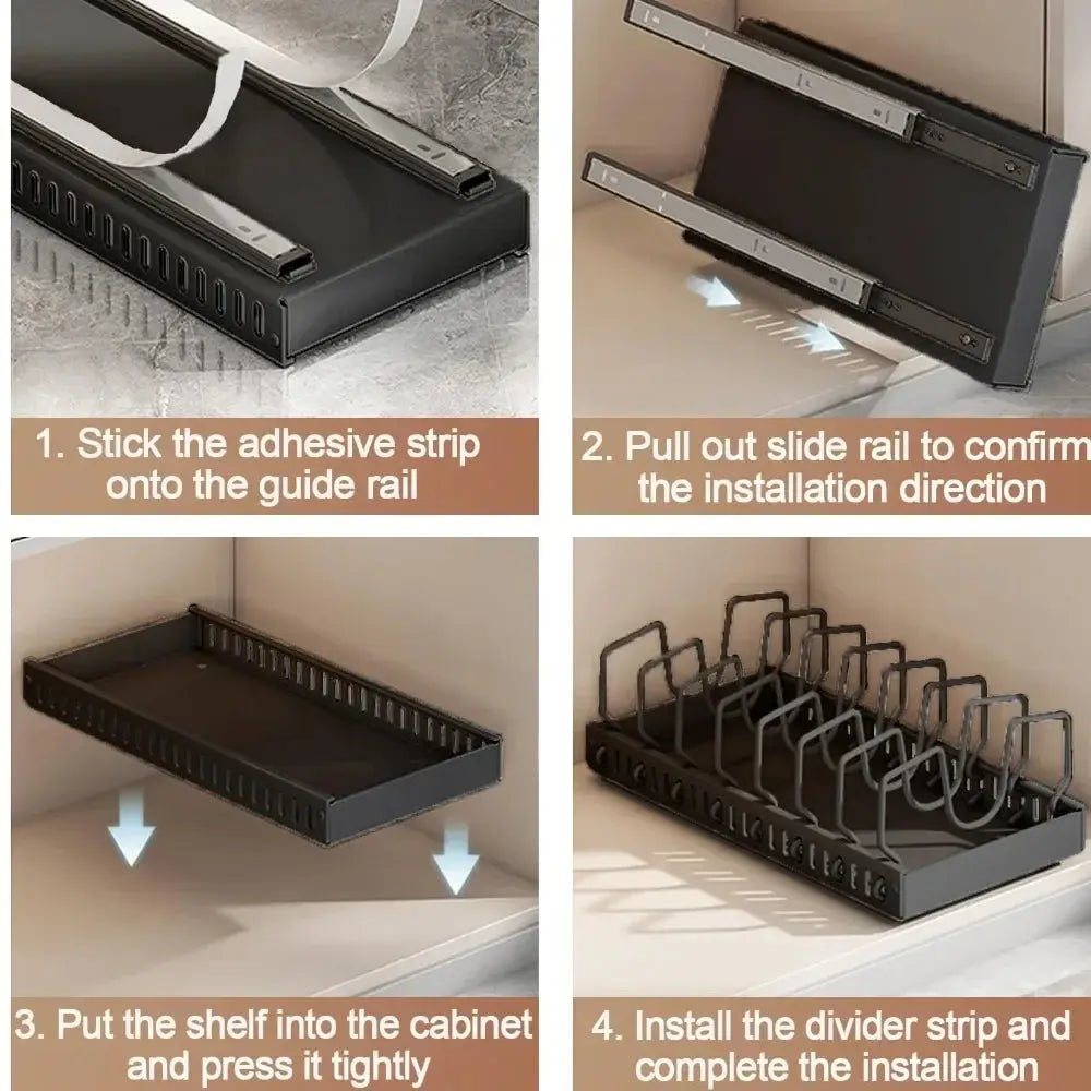 Kitchen Pull Out Pot Rack Adjustable Cupboard Trays with Slide Rails for Dishes Storage Organizer Drawer Partition Shelf Homeysolve