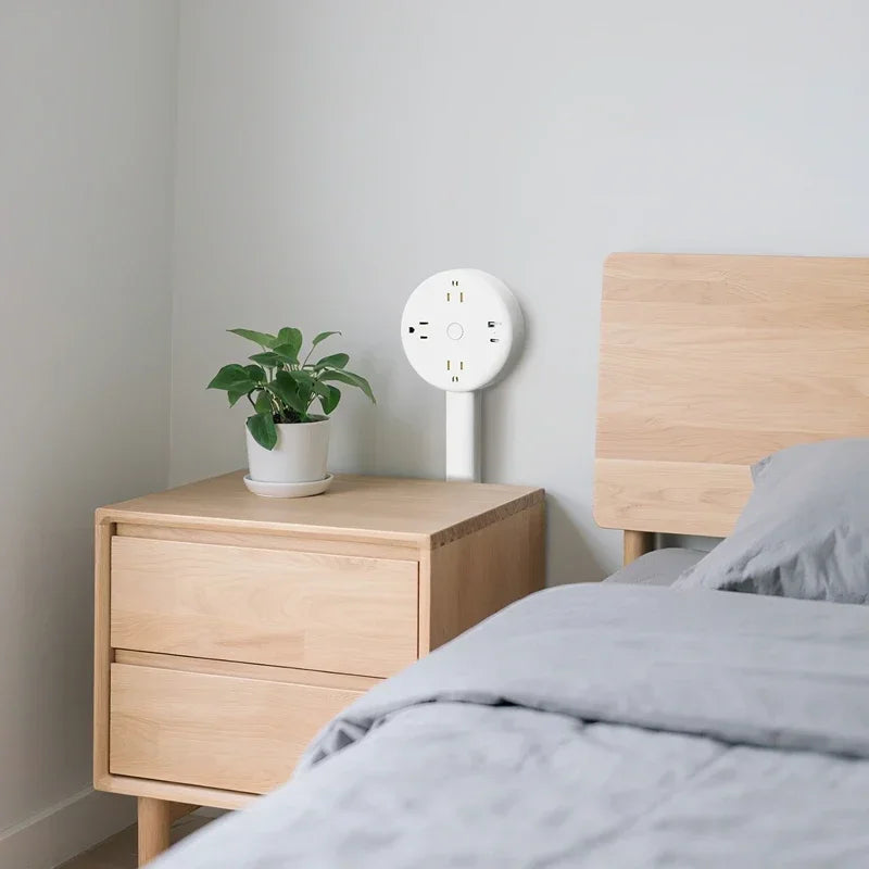 Space‑Saving Rotating Outlet Extender – Adjustable Length Power Socket (Bedside/Nightstand)