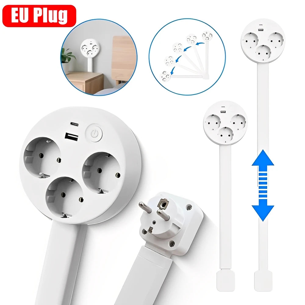 Space‑Saving Rotating Outlet Extender – Adjustable Length Power Socket (Bedside/Nightstand)