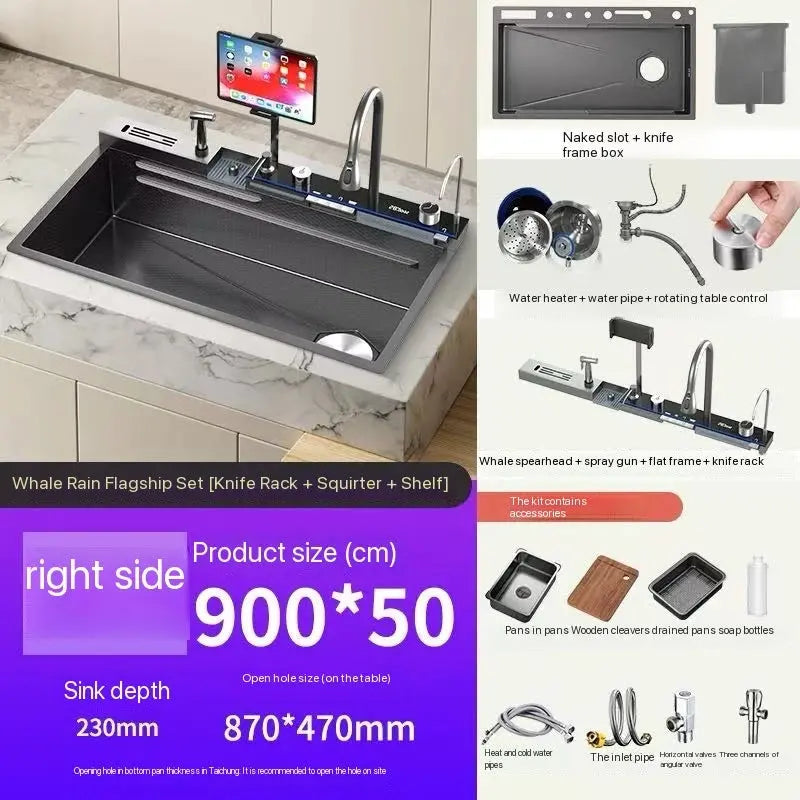 Smart Stainless Steel Kitchen Sink with Waterfall Faucet & Display Homeysolve