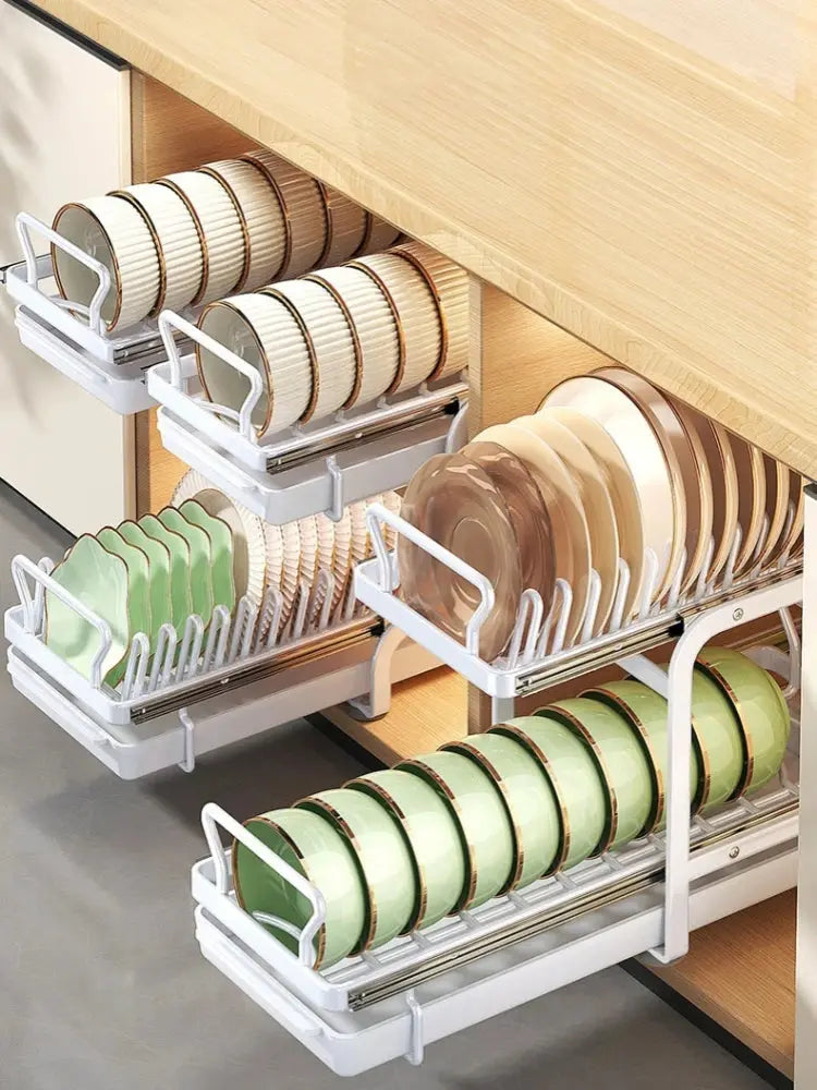 Kitchen Storage Rack Pull-Out Dish Drainer — Built-In Cabinet/Sink Organizer for Plates, Bowls & Cups Homeysolve