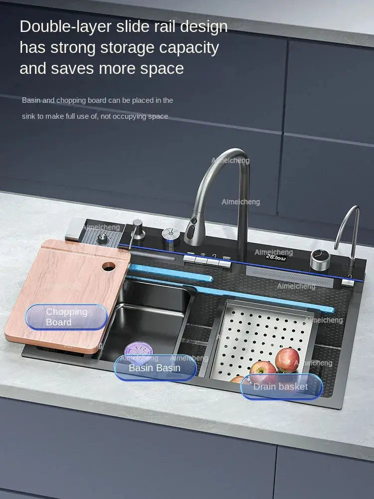 Smart Stainless Steel Kitchen Sink with Waterfall Faucet & Display Homeysolve