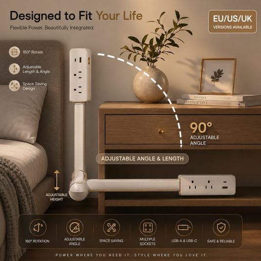 Space‑Saving Rotating Outlet Extender – Adjustable Length Power Socket (Bedside/Nightstand)